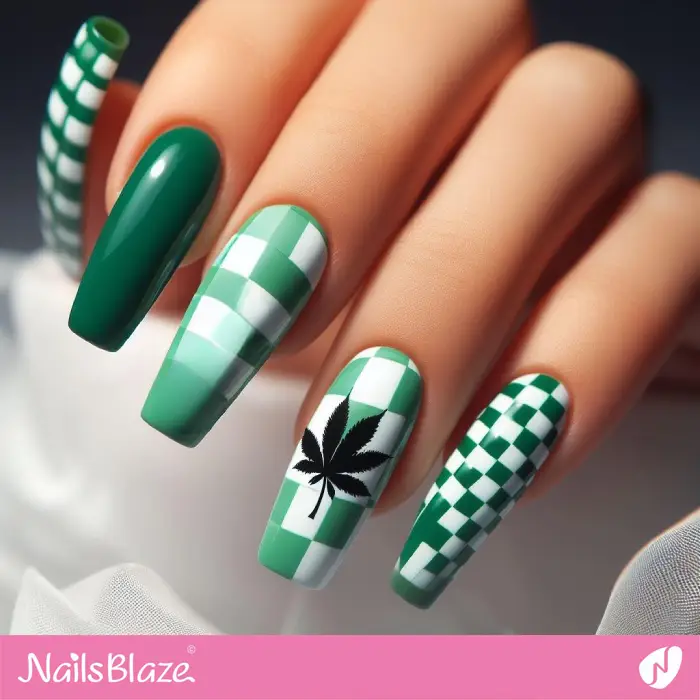Green and White Checkered Nails with Pot Leaf Design | Nature-inspired Nails - NB2351